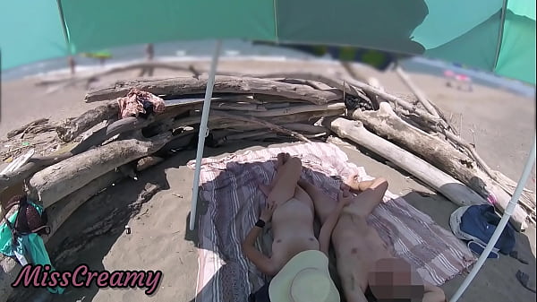 #2 Exhibitionist Wife Outdoor Amateur Milf Handjob Big Cock on Nudity Beach public in front of voyeur with cumshot – MissCreamy